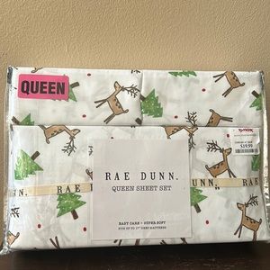 Rae Dunn Reindeer Christmas Trees Queen Sheet Set New Holiday